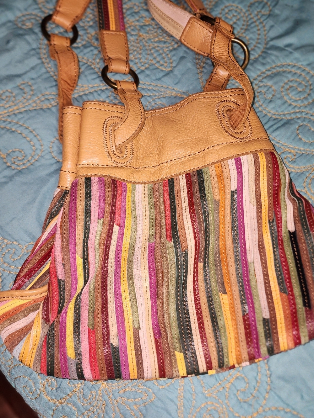 Lucky Brand Vintage Multicolor Striped Leather Crossbody Bag - Tan Trim